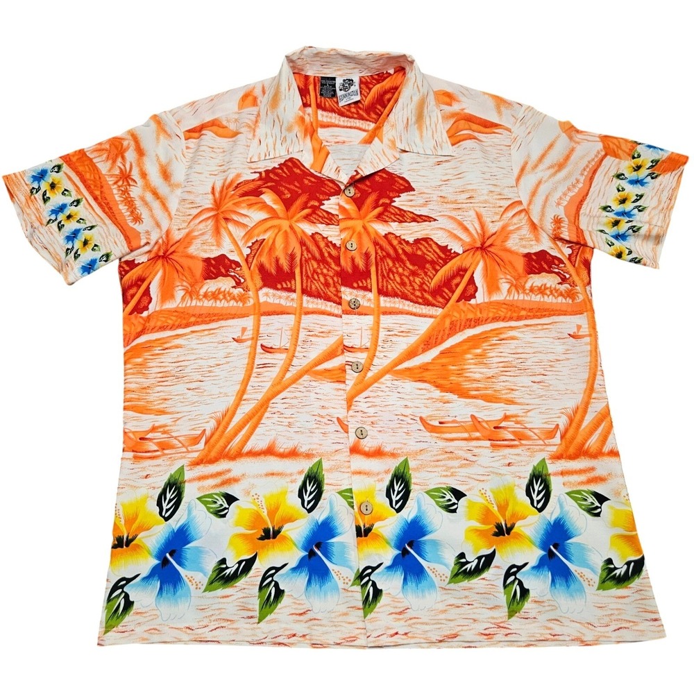 Hawaiian Shirt Button Down Mens L Orange Tropical Island Palm Tree Kennington